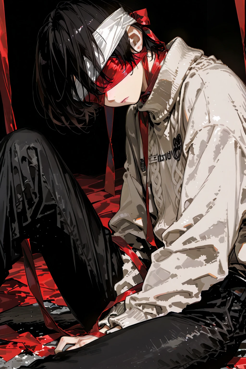 best qualityer, super detaill, work of art, ultra HD, 8K, 1 boy, focus on the boy, whole body, very detailed and flawless, kaneki ken, Tokyo Ghoul, Three Kagunes on the back, on top of a building at night, blood on hands.