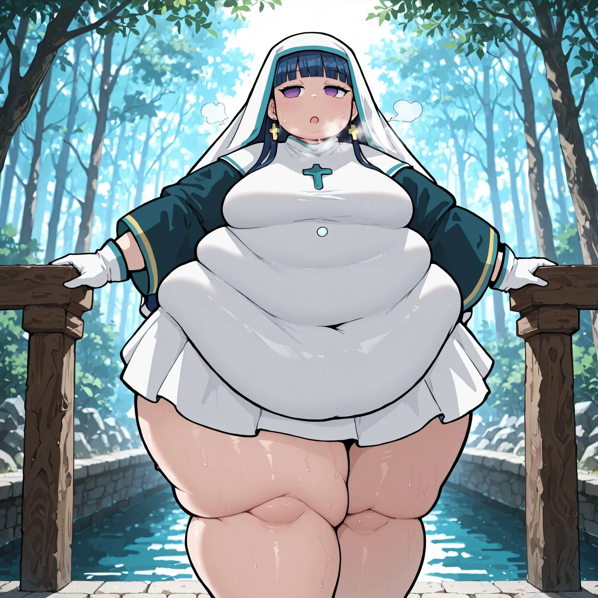 ((High resolution)), masterpiece, high quality, 最high quality, beautiful, Perfect lighting, Detailed face, Super cute face,, ((One girl)), ((alone)), Fluffy hair, Long Hair, blue eyes, ((blush)), Embarrassing, Nervous, shy, View Viewer, Nuns,Black tights, (Thick thighs), (Wide Hips), ((Chubby)), (Chubby belly), Cleavage, ((Big Breasts)), 20-year-old female, standing in a garden, (garden), Daytime,((chubby))