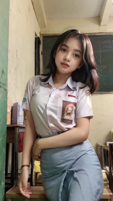 (8k, RAW photo, best quality, mastery:1.3), (realistic, photo-realistic:1.37), (looking viewer:1.331), posing Seductively, living room, soft light, 15 year old girl, short body, beautiful thighs, smaller chest, brunette hair, long hair, smile, squatting, white shirt, short sleeves, blue mini skirt