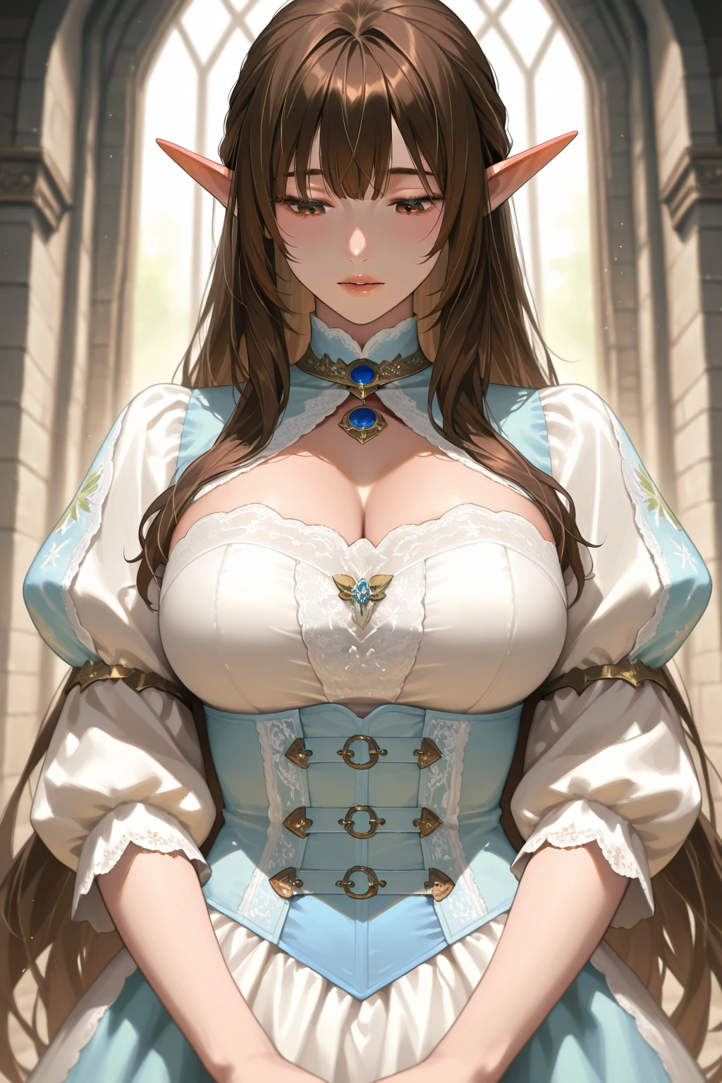 ((masterpiece)), ((best quality)), illustration, 1girl, matured, Julia, gloves, dress, cleavage, bare shoulders, white dress, armor, corset, detached collar, gauntlets, large breasts, sharp, enchanting expressionless, white boots, underboob, detailed eyes description, outdoor, church, hyper detailed. <lora:mamako2-somakj:0.4> <lora:JAV_Julia_v1.1:0.6>