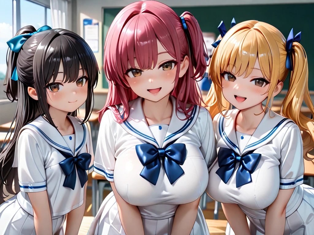 (masterpiece, best quality, ultra-detailed, high resolution, detailed eyes), takeda hiromitsu style, (3 women), school girl uniform, big eyes, curvy body, looking at viewer, pov