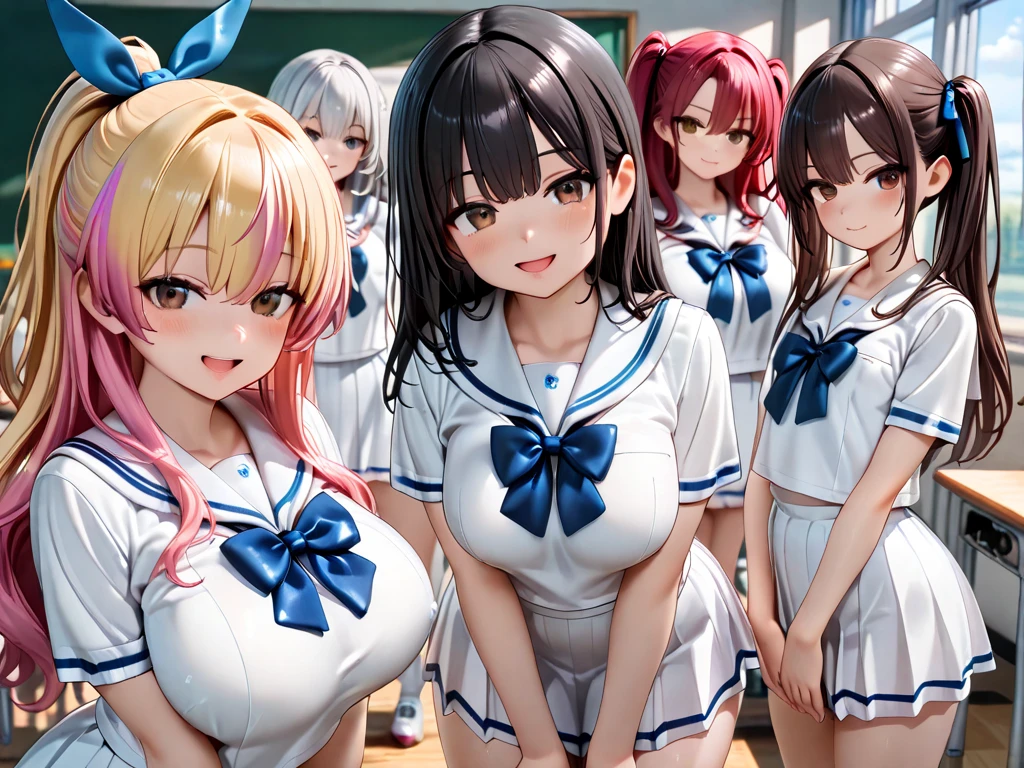 nswf:1.3,(masterpiece: 1.2, highest quality, masterpiece, Clearer images), (Bright colors), ((Take clear photos even from a distance)), (multiple girls), (Harem), (School classmates), (((All school uniforms have the same design))), (((Everyone is wearing the same navy blue skirt))), ((18-year-old)), ((prostitution婦)), (prostitution宿), (cute Japanese((6 girls))), (((girl's face))), ((group shot)), (group selfie), ((ass visible through thighs))、 (Full body diagram from head to toe), front, frontやや下からの構図, symmetry, 18-year-old背の高い女の子, alone, (whole body from head to toe),wide angle, soft light, ((((laugh with your mouth wide open)))), (slightly larger breasts), ((prostitution)), (lure), ((viewers love it)), (((A lot of hearts are flying))), Landscape、((((open legs:1.5)))、((female masturbation:1.8))、((breast grab:1.3)),(((bra lift:1.4)))、(((show bra:1.5)))、(skirt lift:1.3) 、one eye closed、stick out one's crotch、((youth))、((((Knee-length white loose socks))))、(((classroom)))、(((sitting on the desk)))