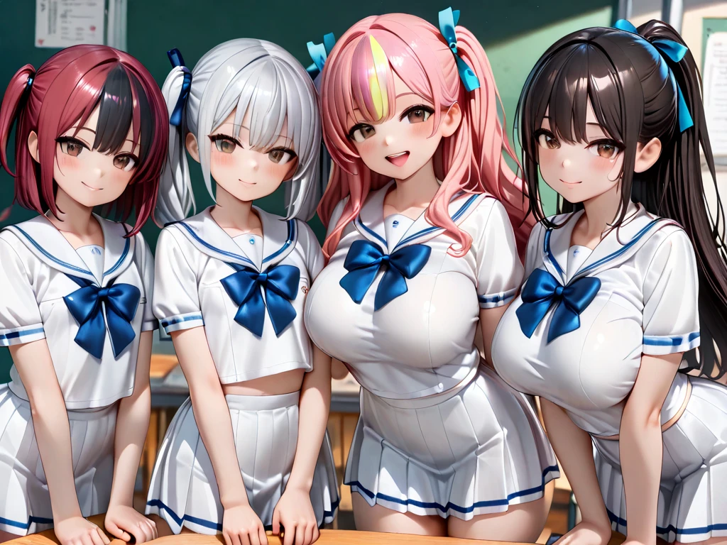 masterpiece, Highest quality, In detail, 5, (beautiful girl), cute, (tits), (A group of high school girls lift their skirts to show their pussies), ((Covered in semen)), No panties, multiple