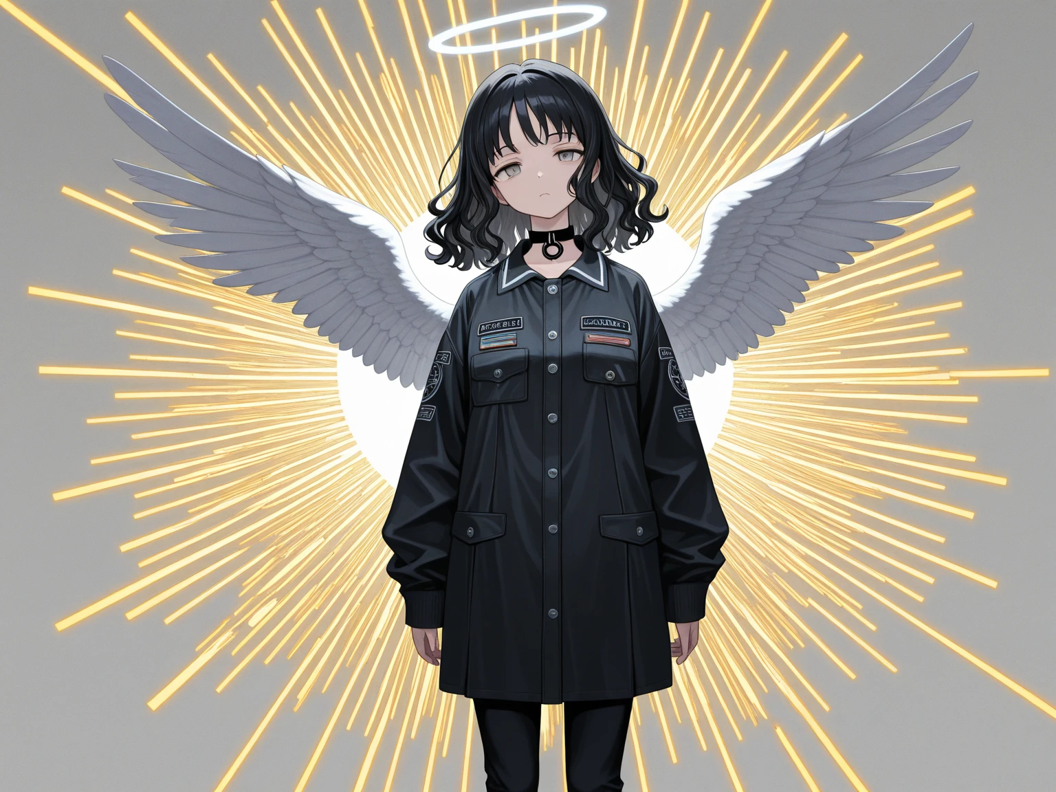 photorealistic, (hyperrealistic:1.2), masterpiece, best quality, 1girl, black hair, angel , innocent, black eyes, diadem, angel wings, white clothes, full body, sky, halo, post-apocalypse,