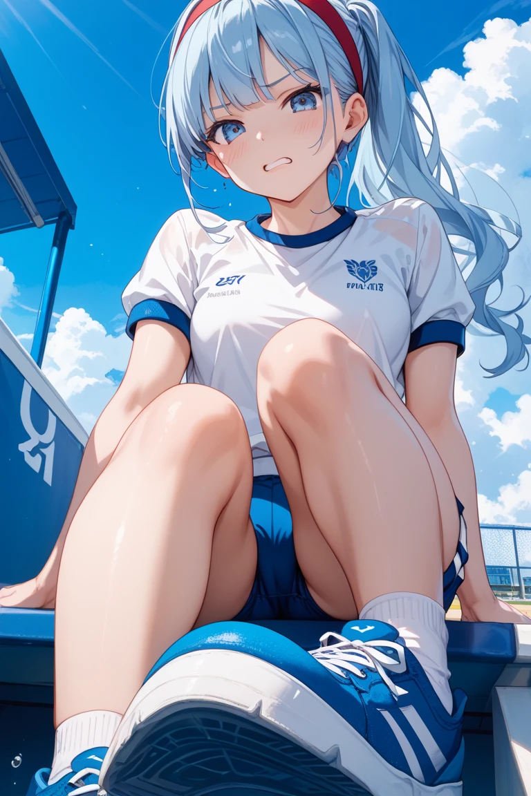 NSFW,masterpiece,Highest quality,High resolution,Super detailed,Star Town Suisei\(Hololive\),Blue Hair,One Side Ponytail,Blue Eyes,Small breasts,Track and field club,Descente Bra Top,Descente One Point Shorts,Streaks,Athletics Stadium,truck,smile,blush,(Sweat),Sports Drink,Sitting,Leg spread,During a break
