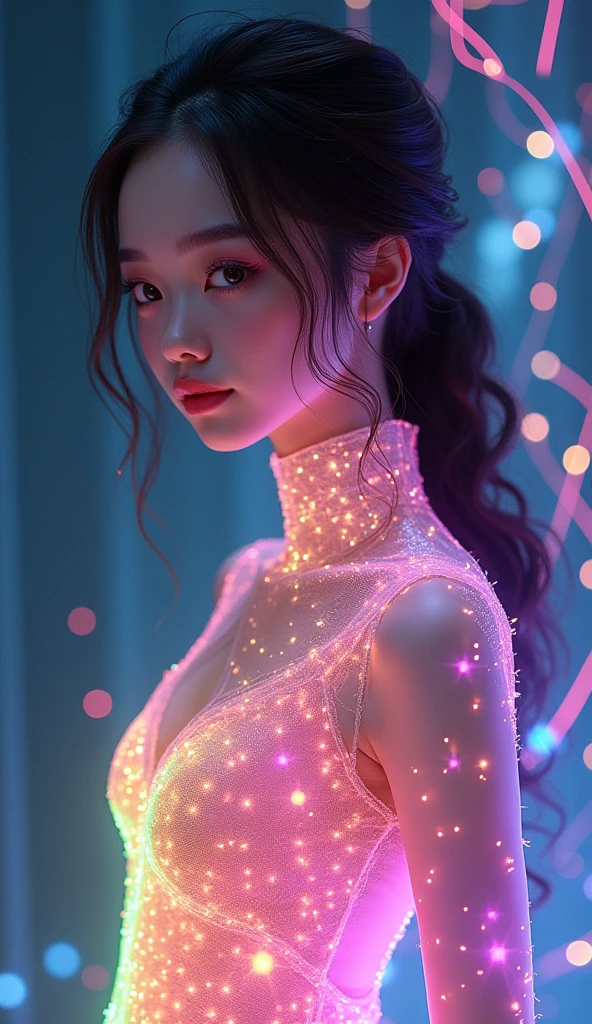 Ultra-Realistic Capture,18k,RAW Photos,Highest quality,masterpiece,reality,Very detailed,Very beautiful woman,Iron Skin,Automata,20-year-old ,Model body type,LED,A very long dress made of light particles,Very detailedな電子機器の骨格,Connection line,Rainbow colors,(Very long LED hair),Big eyes,Long eyelashes,Well-proportioned face,Backwards,Wet,Black background,Angel,(wing),(middle finger),
