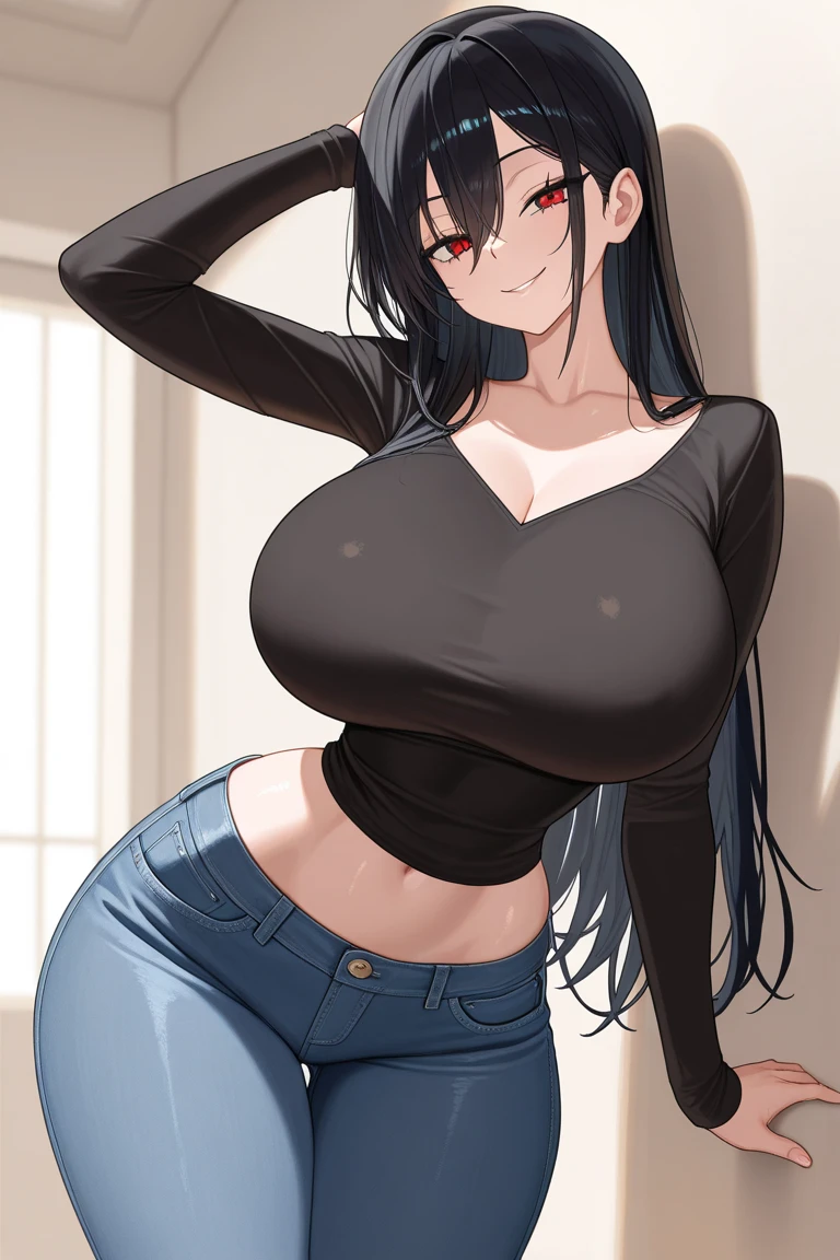 (best quality, ultra-detailed, photorealistic: 1.39), bright and vibrant colors, studio lighting, romantic expression, black twintail, busty, cleavage, off shoulder sweater, shorts, thighs, (pov, close shot), smiling, street background, gigantic breasts,in the living room at home