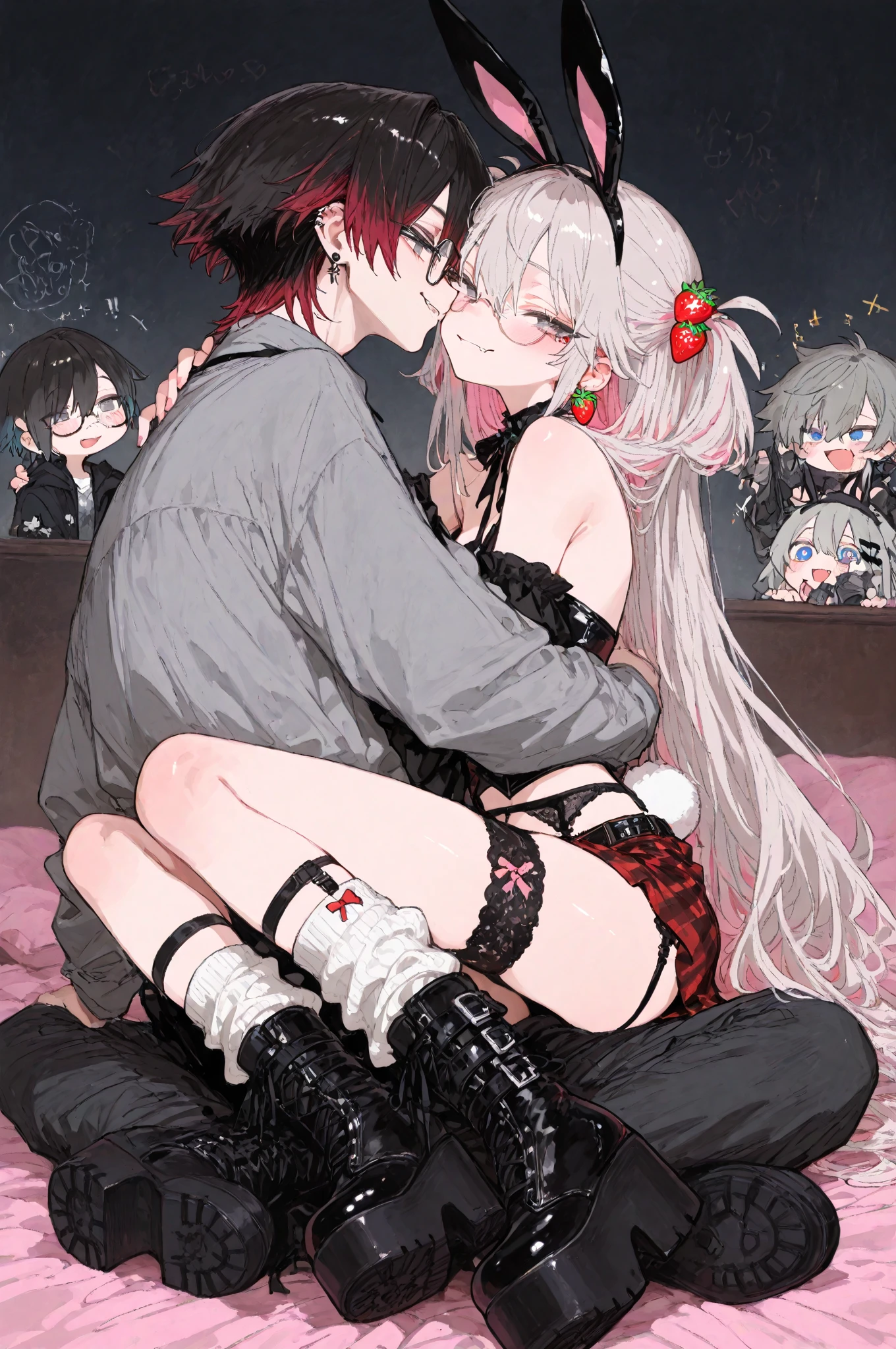 masterpiece, best quality, 1 girl,university student, solo, large breasts, ponytail , silver hair, blue eyes,black oval glasses, ,bedroom, nsfw:1.6, black japanese shrine miko,show off nipple,((doggystyle:1.3)), pov, ((1 boy and 1girl are having sex)), (lying on bed:1.2),pov, steam,nose blush,(ahegao:1.3),sweat,spoken heart:1.8, ((side view:1.2)), sexually excited,cum in pussy:1.6
