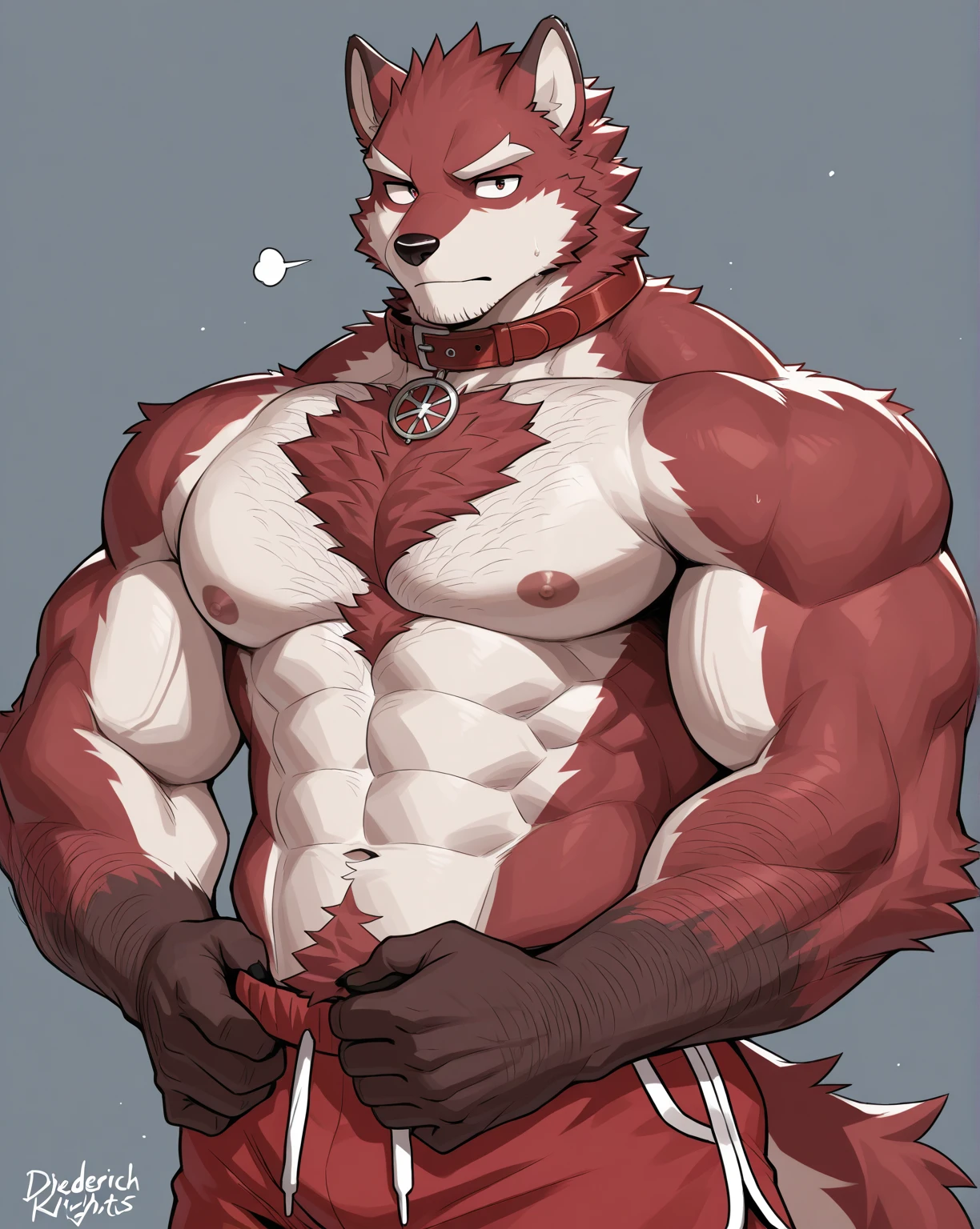 (masterpiece, 4K, ultra detailed), bear furry, masculine, vivid red fur, beige belly fur, muscular, eight-pack, short messy haircut, shirtless, illustration, simple colors, white background, handsome, single, blue jeans, anime, blue eyes