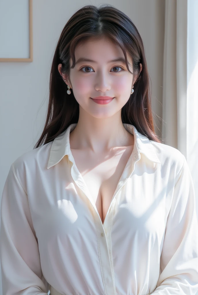 (top-quality、8K、32K、​masterpiece、)、1 girl in、beautfull Japanease woman、Fancy makeup、thin-waist、Beautiful Women in Perfect Style：1.4、Colossal tits:1.3、finerly detailed face、A smile、shirt dress、breastsout、 Leaning forward,