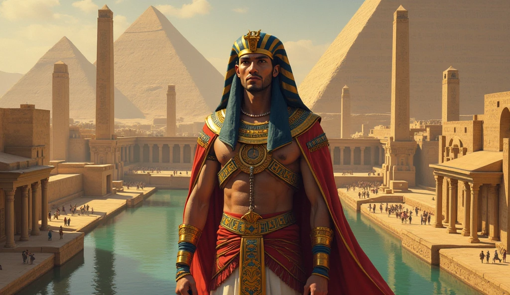 oil painting, Egyptian pharaoh in the foreground and Egyptian priest in the background, dressed in a dark robe, which covers his head, with a serious expression on his face.