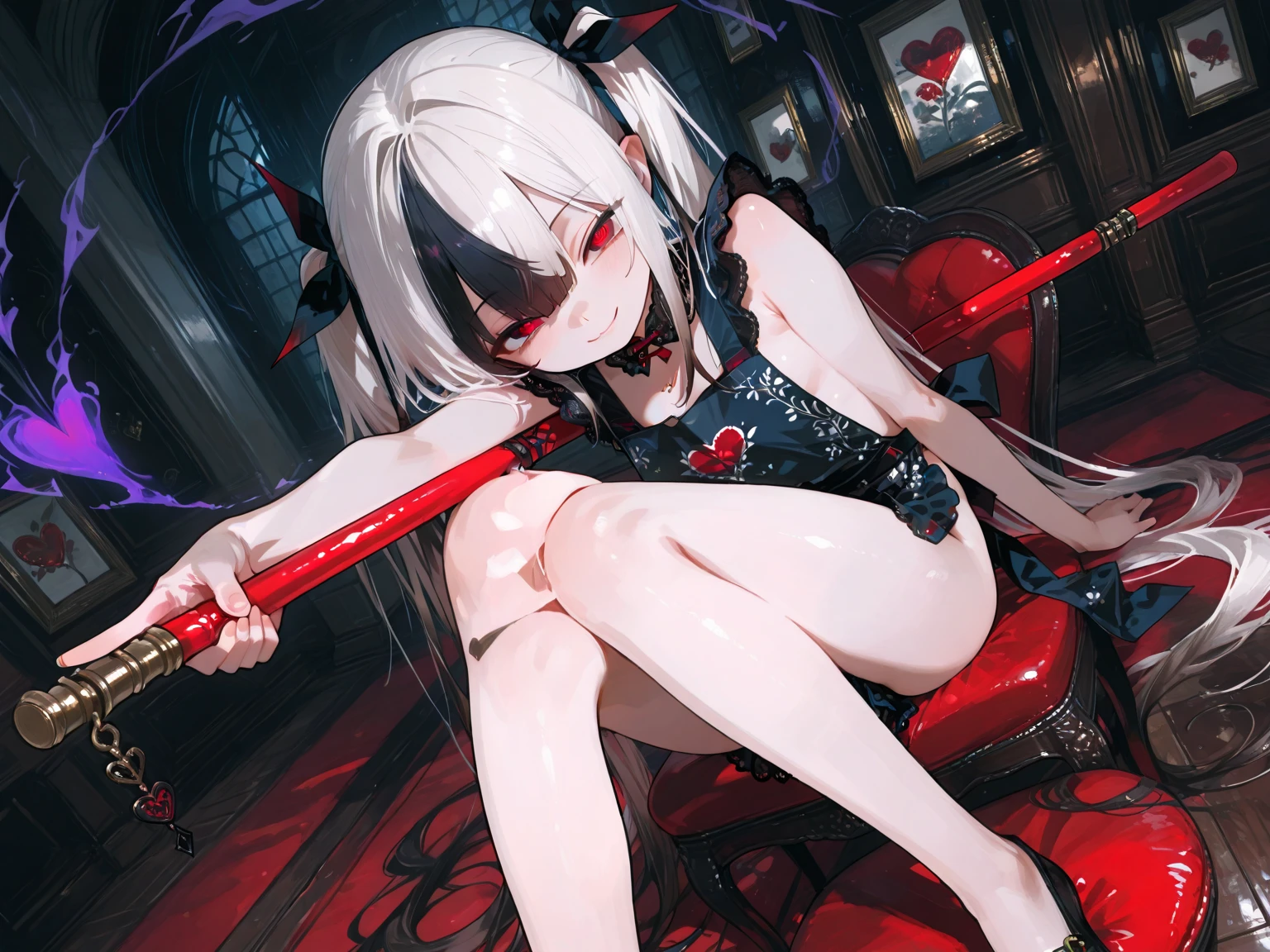 Harley quinn, sharp teeth, red eyes, inside a dark room, laughing