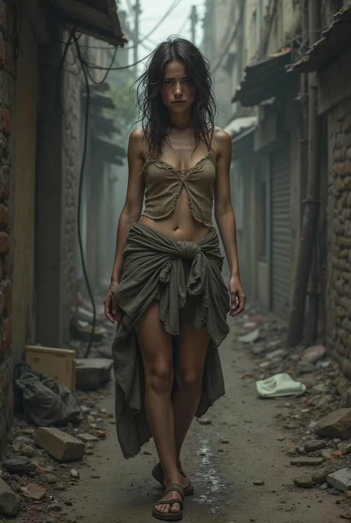 A naked girl who, because her family is poor, prostitutes herself on the street and is only dressed in garbage bags