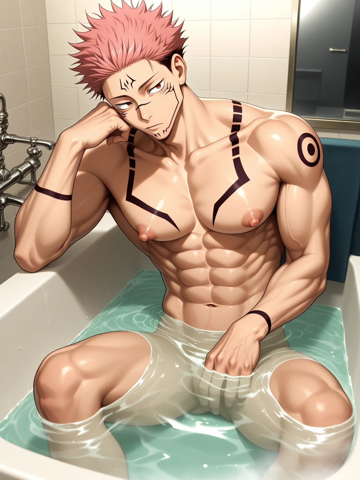 male focus, muscular male, best quality, amazing quality, amazing aesthetic, absurdres, rating explicit, official style, year 2023, game cg, Ryomen Sukuna, jujutsu kaisen, beach, smiling, navel, nipples, precum drip, big penis, balls, pectorals, anal, sex, lying, on back, cum in ass, cumdrip, flaccid, foreskin, after sex, after anal,
