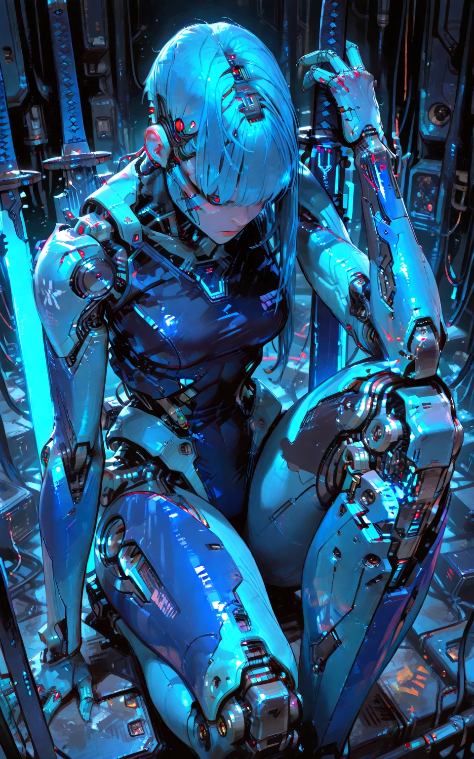 (RAW quality:1.4), One Girl, Japanese, 14 years old, Textured skin, (Sky blue shiny short hair:1.4), Very detailed, Advanced Details, high quality, 最high quality, High resolution, 1080p, hard disk, beautiful,(Gundam),Beautiful cyborg woman,large body,((Wearing Futuristic Transparent Reinforced Plastic Machine Parts。:1.4)), Nipples covered with transparent mechanism, Mechanically protected front groin, (Exposed lower abdomen:1.4), The bare skin of the large body is exposed., large body naked, Perfect Proportions, Great tit, (He carries a lot of weapons on his back..:1.4), folded building background, City in flames, (The blue LED on the bust top glows strongly:1.4), Biologically correct, pubic_hair,