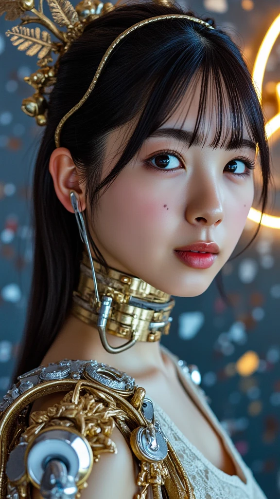 , 8k, High-level, absurd, masterpiece, best quality, primitive, very detailed CG, very detailed wallpaper, perfect lighting, Extremely detailed (((The personifying " C-3PO Star Wars " as a Little Girl))), MysticSight, Tyndall effect, Tyndall scattering, Studio gray background with (many Dazzling RainbowColor particles BokeH:1.28), (RoundlyButts, ThighGap), (:0.4), (Assfocus with looking ahead), BREAK (NOGIZAKA face variations) Extremely Detailed very KAWAII face variations, perfect , Childish, captivating gaze, elaborate detailed Eyes with (sparkling highlights:1.28), long eyelashes、Glossy RED Lips with beautiful details, Coquettish , Rosy cheeks, Radiant PearlSkin with clear transparency . { (Dynamic LifeLike expressions:1.4) | :d) }, (large eyes:-1) .