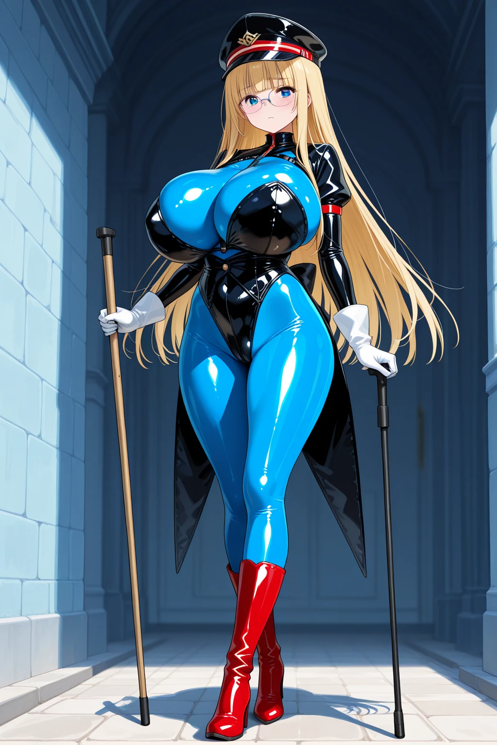 high resolution, masterpiece, high quality, perfect face, perfect eyes, Princess Nina Aslato, long blonde hair, long elf ears, tiara, blue leotard, miniskirt, high heels, feet together, white elbow gloves, huge breasts, cheerful, bedroom background (indoors) sunset thru window