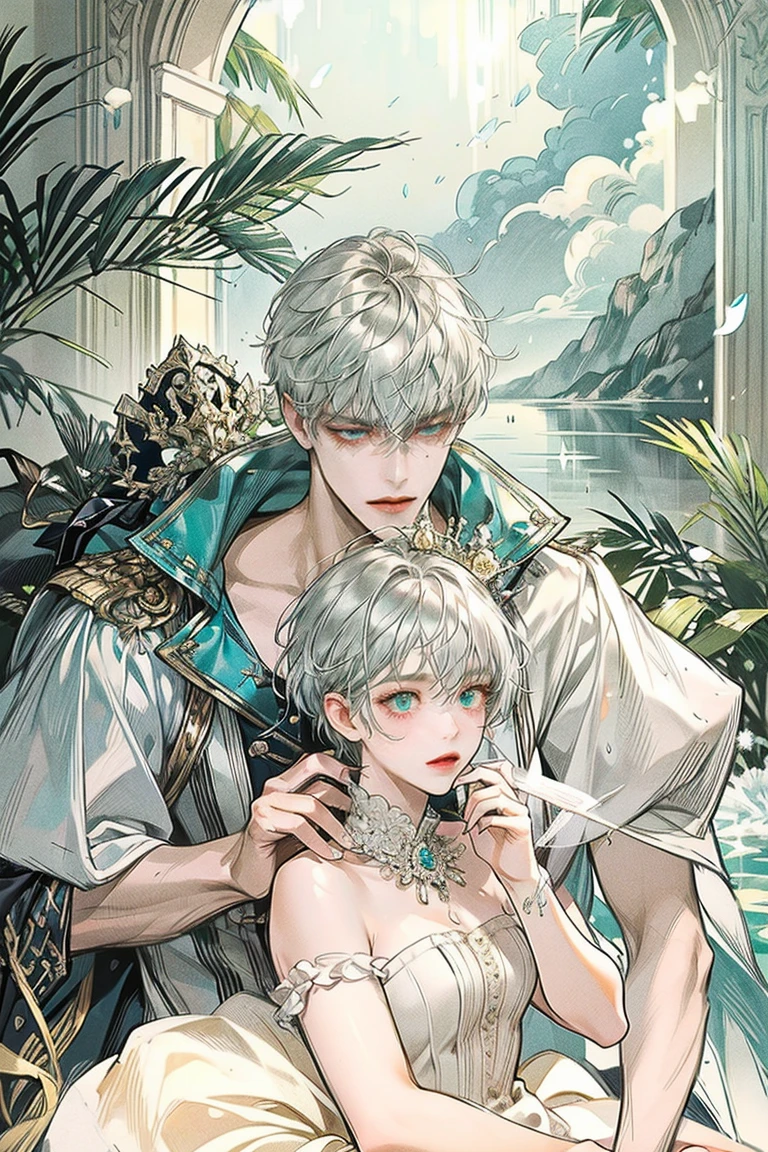 ((masterpieces)), best quality, outstanding illustration, a couple kissing, soft focus, opulent and exquisite atmosphere, soft light and warm lighting. 1 male, 1 female, 6-pack male, blue eyes, cold, strong male, silver hair, male wearing animal skin. Gentle, calm, lovely women, women wearing snakeskin clothes, men hugging women, male is occupying female, blonde female, animal skinned male, jungle, female guard male, white snakes,
primitive costume
