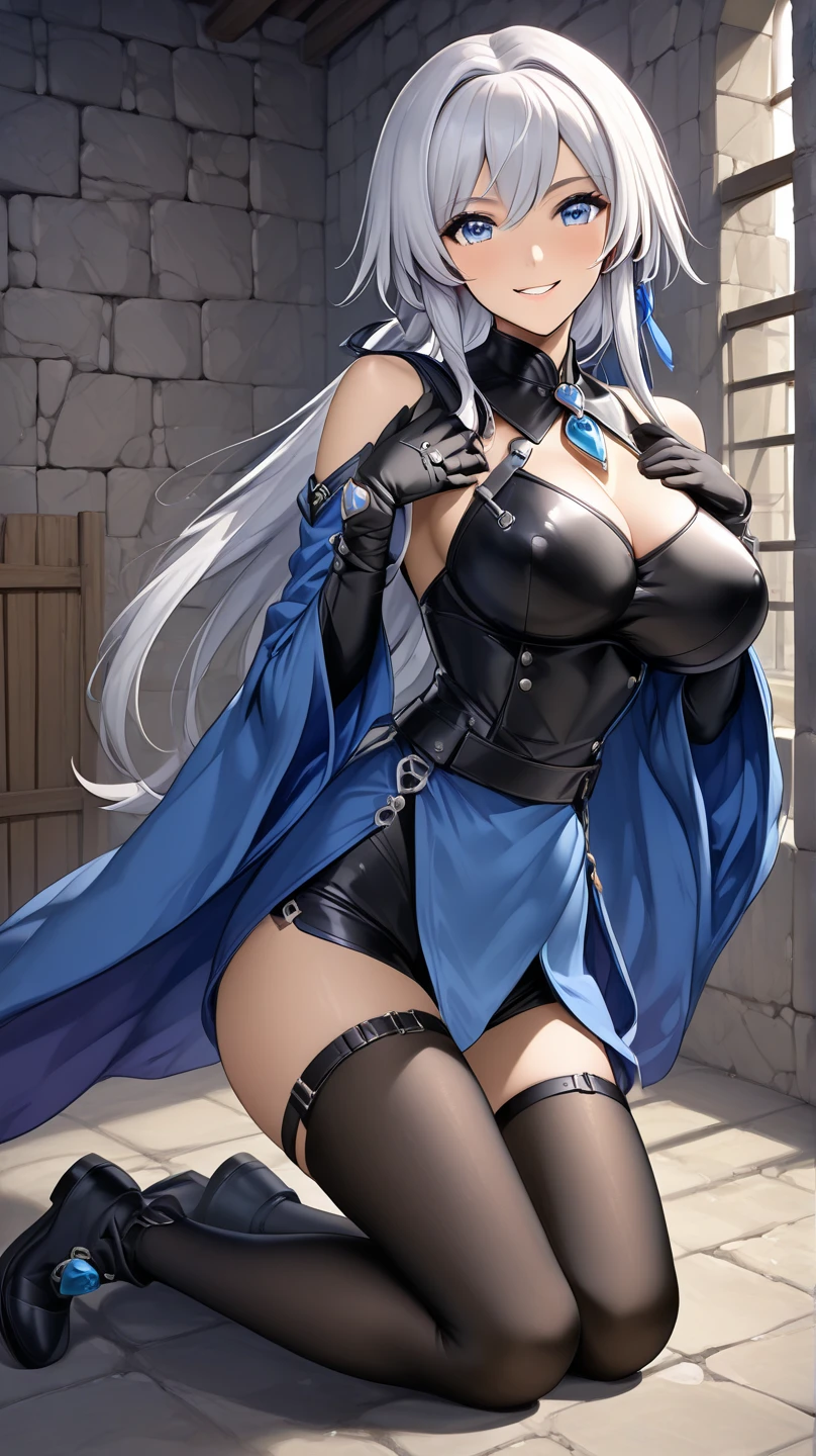 Woman knight、a beauty girl、huge tit、Excellent style、Nice Buddy、glamorous、leotard、s Armor、Bra chest armor、knee boots、gauntlets、hair adornments、silber hair、Longhaire、Ahoge、a medieval castle、is standing、full body seen、Outside the castle、natta、a smile、slightly open mouth