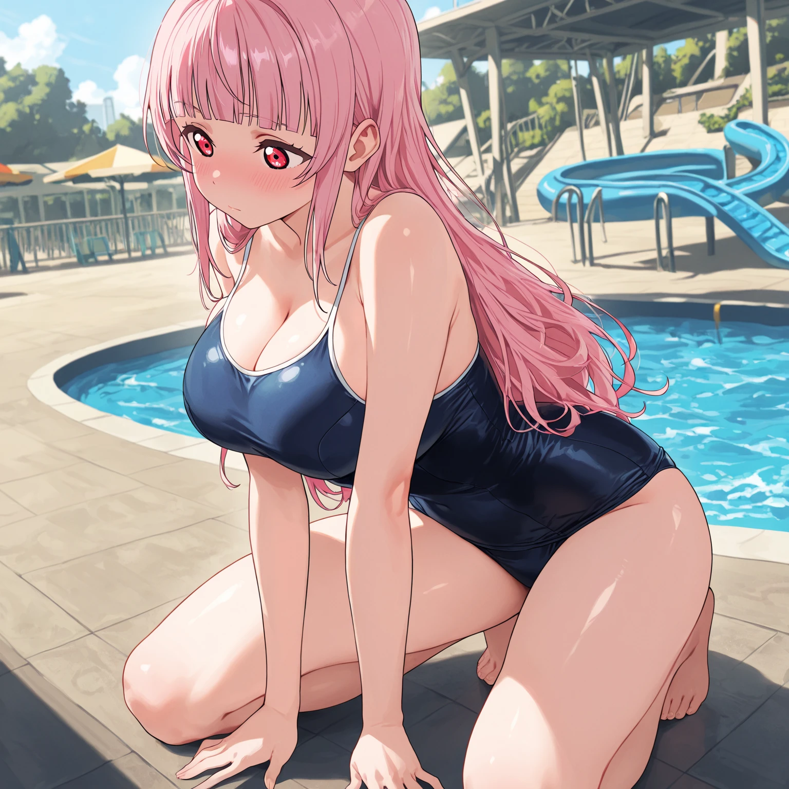 (best quality, ultra-aesthetic, ultra-detailed, best illustration, nsfw, navy blue swimsuit, Japanese schoolgirl swimsuit, one-piece swimsuit, breasts, naked, abundant love juices, vagina, spread legs, pink hair, crotch grab, sexual intercourse)