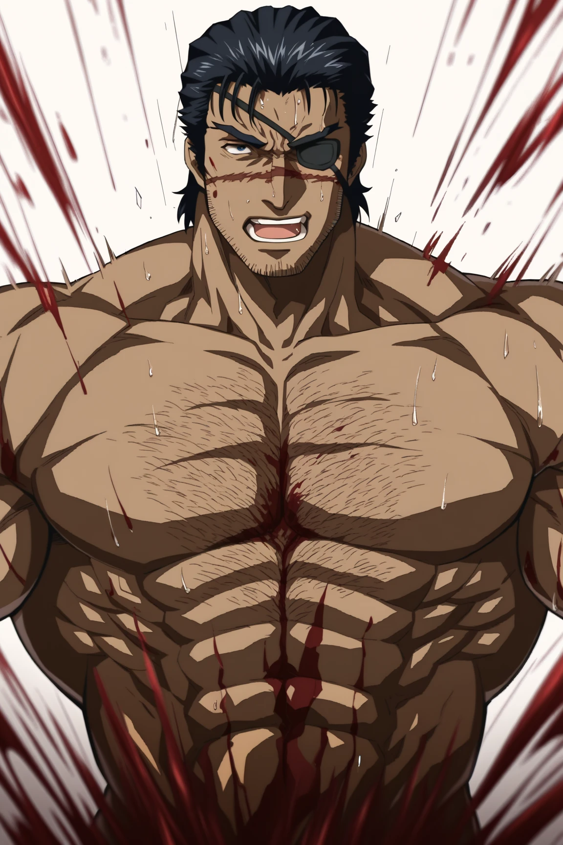 Kiritsugu is sleeping shirtless. Muscles, big pecs, hairy and sweating chest