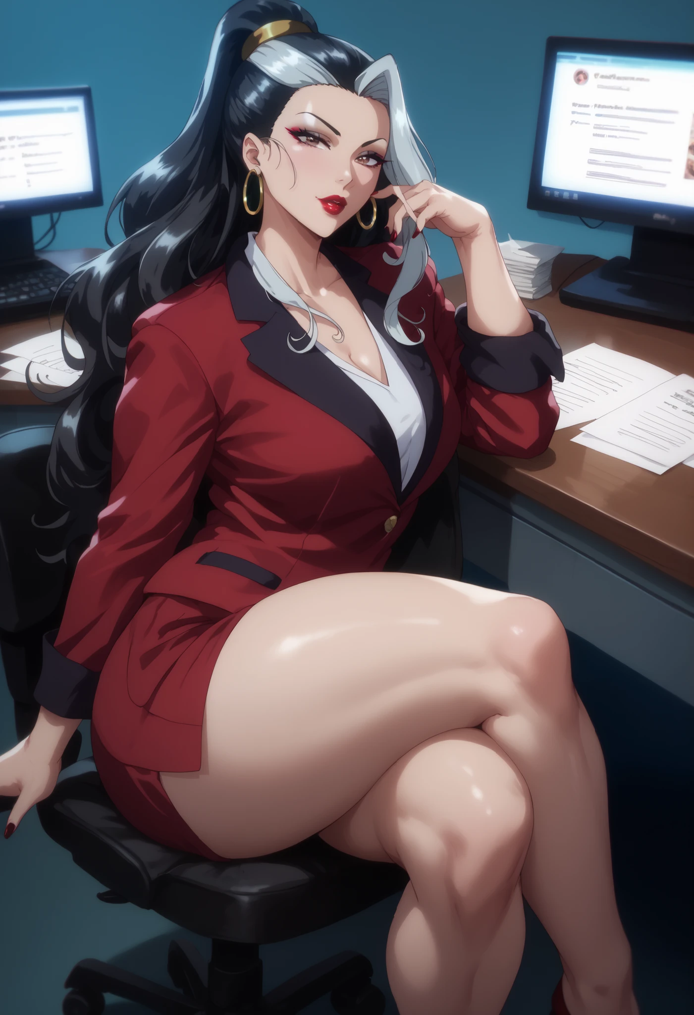 NSFW + bitch Of Headmaster+ Blazer + Long Straight Long Hair With Bangs That Cover Forehead + sitting on a desk + crossed legs + Brown eyes + Thick and plump thighs + Sexy face + Perfect + Fair + Smooth skin + Black Eyeliner + Red lipstick + Silver Hoop Earrings + Red Acrylic Nails+ charming, Sumeragi_Rikka's