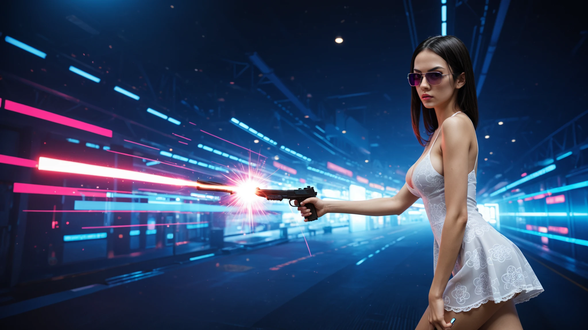 20-year old large-breast woman with cleavage:1.4, 1woman, solo, 3D neon art of a woman's body, matrix style black micro sunglasses, (((aiming with a short gun))), (looking at camera), aerial view of blade runner neon-noir city background, (((flying car))), perfect composition, beautiful detailed intricate insanely detailed octane render trending on artstation, 8K artistic photography, photorealistic concept art, soft natural volumetric cinematic perfect light, chiaroscuro, award-winning photograph, masterpiece, oil on canvas, Raphael, Caravaggio, Greg Rutkowski, Beeple, Beksinski, Giger
