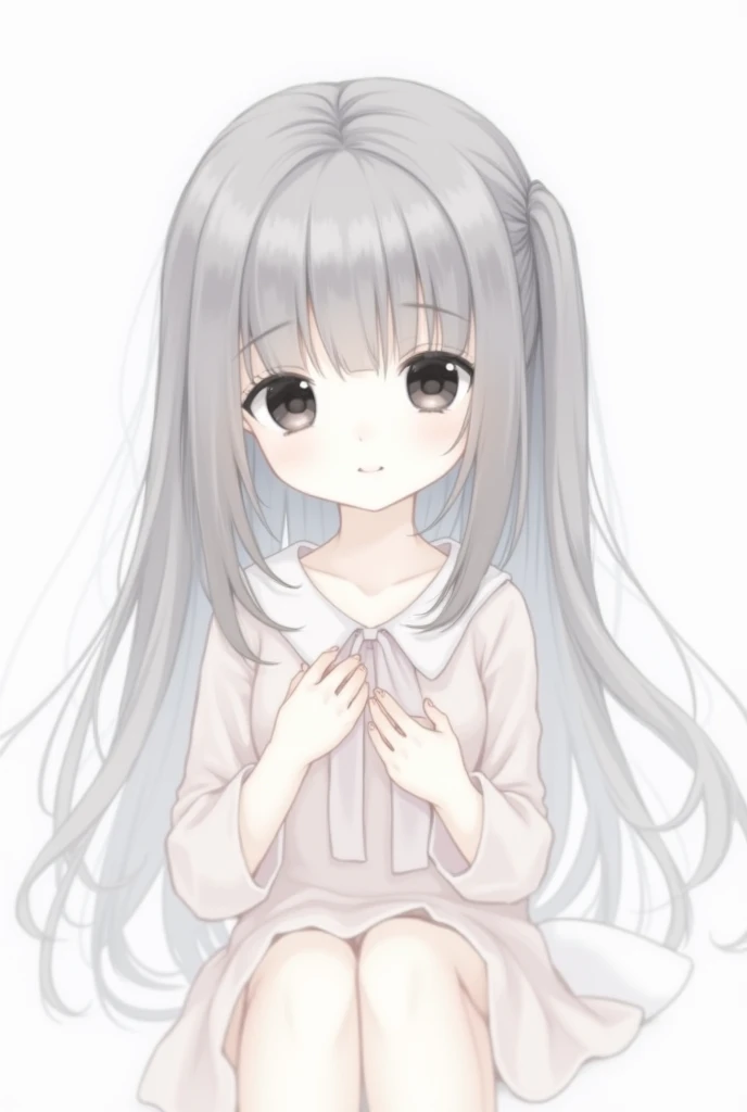 (masterpiece, best quality, absurdres), source_anime, (score_9, score_8_up, score_7_up, score_6_up, score_5_up, score_4_up), chibi avatar, 1girl, solo, small breasts, dark gray hair, long hair, gray eyes, scars, burn scars, small smile, cute smile, blushing, brown dress, sundress, upper body, portrait, white background, simple background