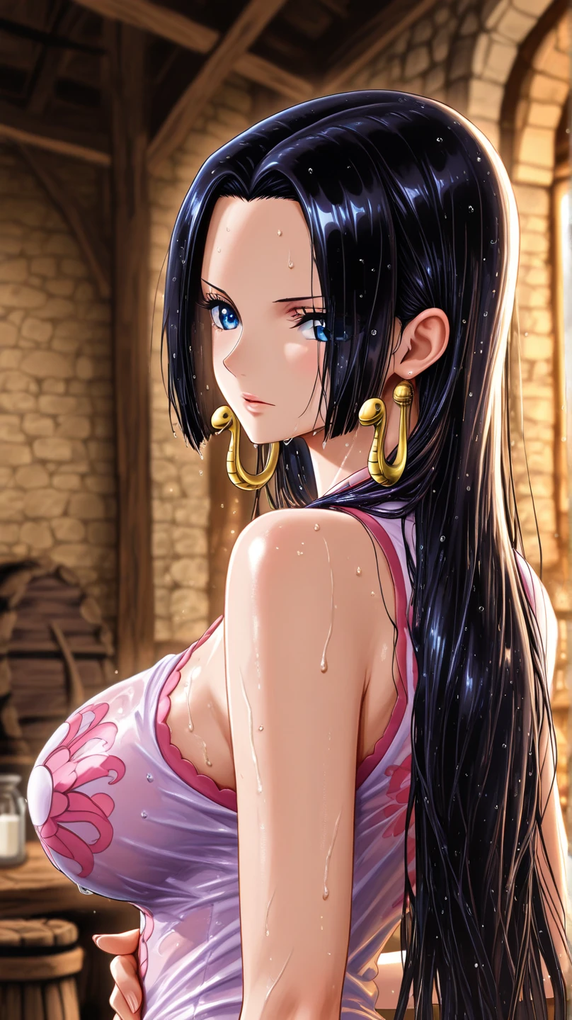melhor qualidade, obra prima, u detalhada, from one piece, Estilo One Piece, Arte do local, arte chave, uma mulher presa com algemas de correntes, with a very sad expression, com as roupas rasgadas e sujas, cheia de machucados no corpo e no rosto, with blood on the hands, mulher com o cabelo preto solto comprido e com os olhos vermelhos, prison dungeon