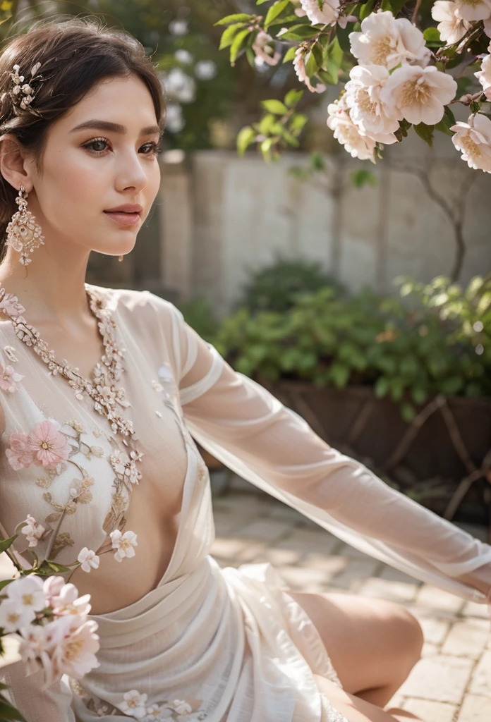 An ultra realistic portrait of a very beautiful woman in translucent blouse ,hyper detail, large breasted, exposed cleavage, cinematic lighting, 4k, 8k, ultra realistic, high resolution, ultra hd, super realistic, sharp, good quality, Movie like, attractive, glowing, cute, sizzling, charming, jwellery, necklace, forehead jwellery, sunlight, sparks, glossy, dust particles , 3D look, sunshine, feathers, HD, flowers,Glowing hair, fireflies,blur background, temple, crowds, butterflies, glossy eyes
