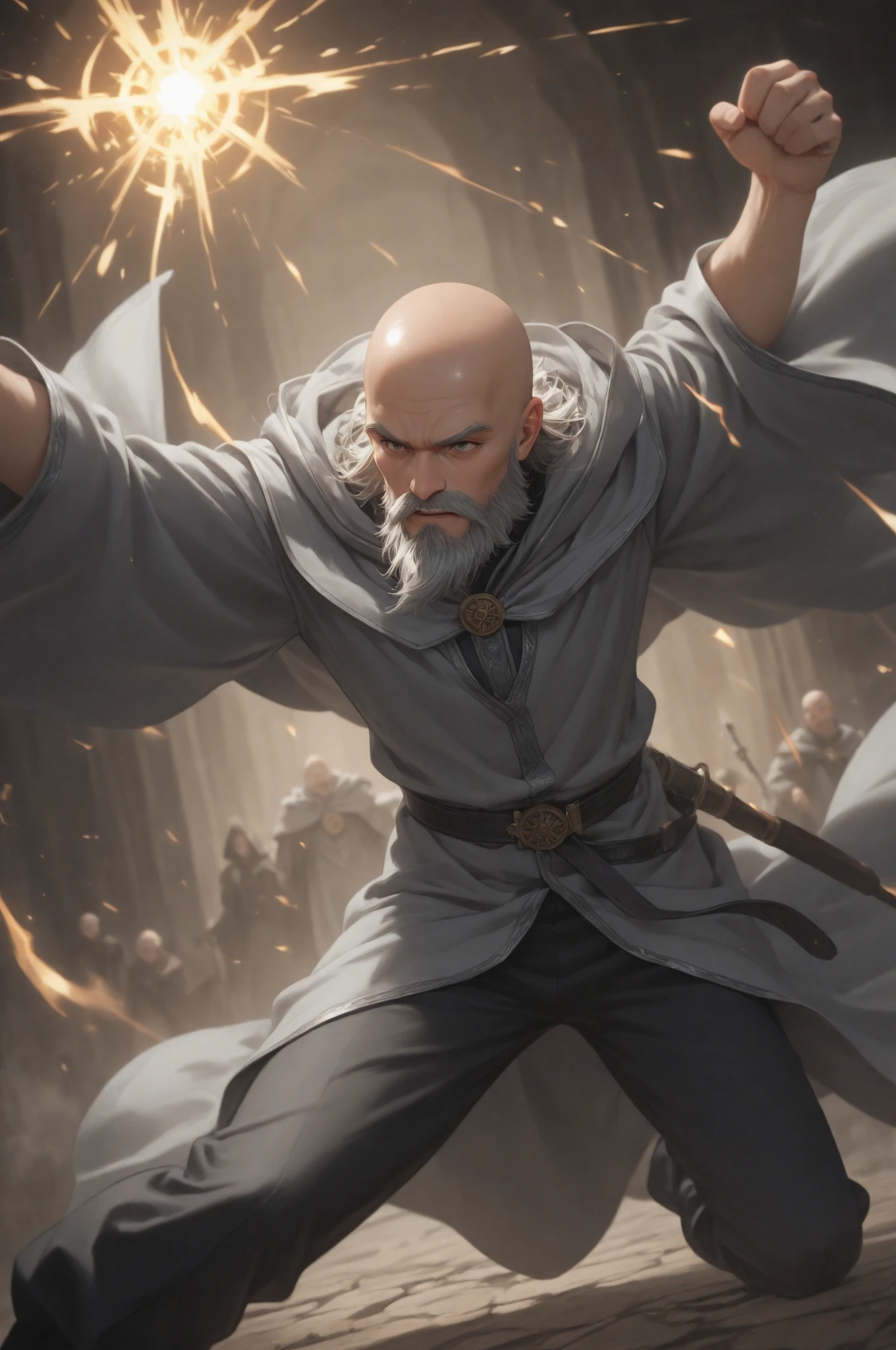 Solo character, full body version, old man, long chin beard, tall height, big man, largest muscle, (elf), green eyes, brown color hair, bald hair, topless, blue long pants, belt, boots, outdoor, field, Greenland, fire effect, smoke effect, medieval, standing gesture, detailed background, detailed clothing, detailed hair, armor arm, Bleach style art), black Coat 