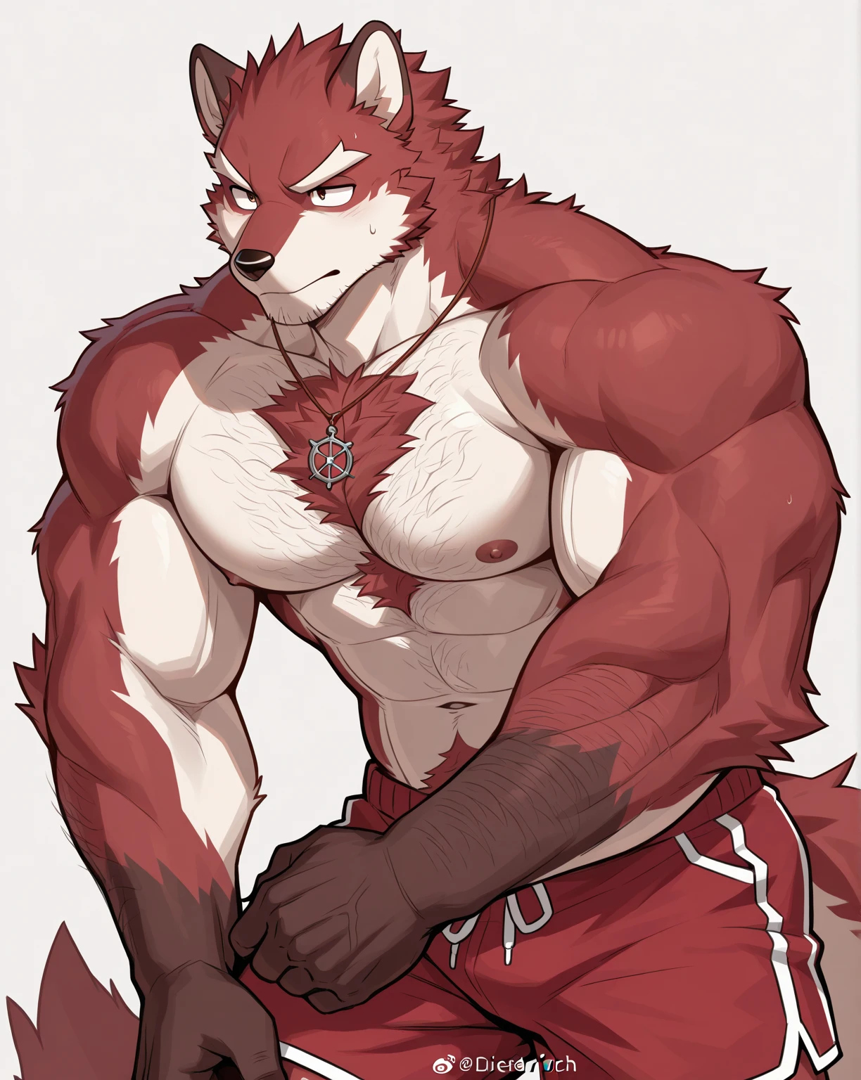 Orange background，high resolution，4K，masterpiece，high quality，35 years old，((Wolfdog))，male，((whole body:1.4，Strike a pose:1.5，Mature:1.3，Smiling face:1.4))，WolfdogFurry，（Uncle figure:1.5，hairy），((Moderate:1.2))，((Strong body:1.5，Long legs:1.3，big ear:1.3，Thick long tail，((No clothes，Wearing white))，(((Red head:1.4，White neck:1.3，Red eyes:1.3，White chest:1.3，White belly:1.3，Red back of hand:1.3，Red and white tail:1.3，Crotch bulge:1.3)))，Delicate eyes:1.6，Fine details，Detailed body，（Detailed hand details:1.4）