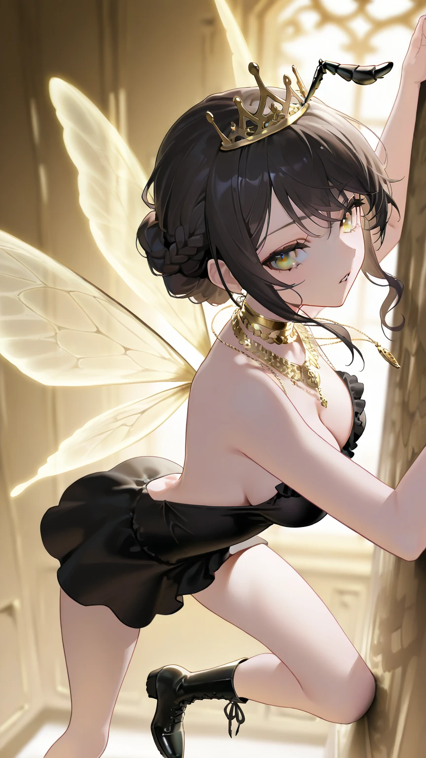 black rose fairy kisses the flower. That fairy is smaller than a flower. The neat costume gives off a mysterious luster. garden, Natural light,(Highest quality), (Tabletop:1.3), Very detailed, Highest quality, Tabletop, (Game CG:1.4), Browsing Caution, Beautiful face and eyes in every detail,Breasts about to explode、Small lingerie, Big and ample breasts、 (See-through panties:1.2),、、, Anime girl crouching, Beautiful Anime girl crouching, Bend your body, Very detailed巨大ショット, , Shot from below, looked back、