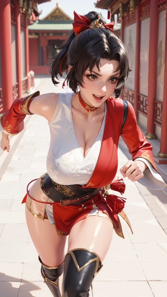 (masterpiece), (Highest quality), (Very detailed), Intricate details, 1 girl, alone, Red eyes, Red Hair, short hair, Hair Bun, Medium breath, Red fingerless gloves, Purple Chinese Dress ,kick, short boots,(Outdoor), photo shoot, smile, blush, sunny, Browsing Caution, Chinese boxing, Blurred Background, Street background, information, Glamorous figure, Big breasts