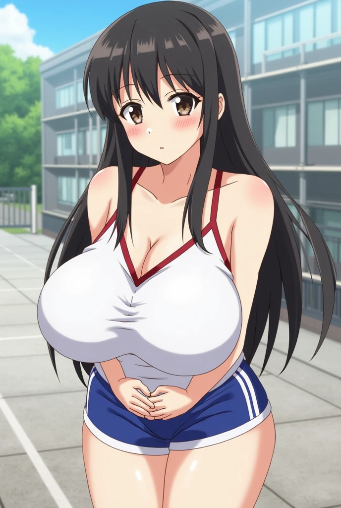 masterpiece, Highest quality, ((1 person)),Black Hair,Light blue eyes,Expression of agony,whole body,Manga style,Twin tails,Cheerleader Costume,Eyes that feel,((Danmachi style),Nipples,Drooping eyes,Huge breasts,No bra,The blue string is supporting her breasts from below.,M-shaped legs,Female masturbation,Ahegao,
