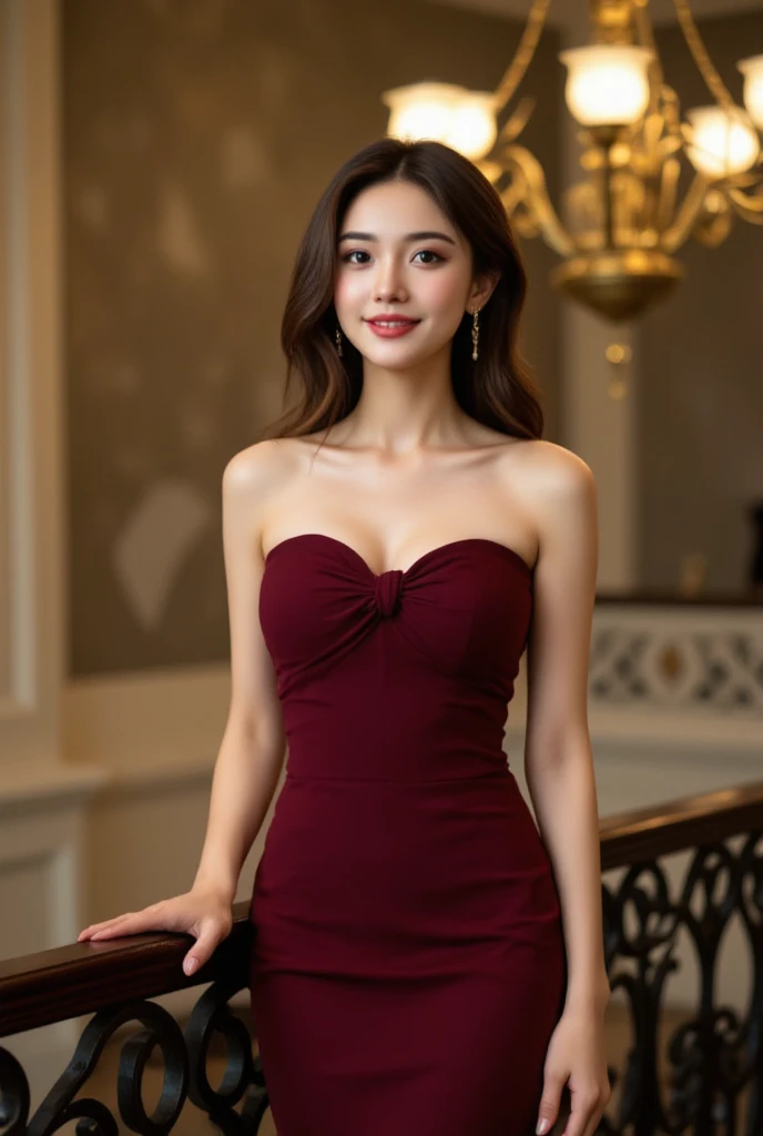 A woman looks graceful in a strapless maroon dress that exposes her shoulders and neck elegantly. The dress has a slim cut which gently accentuates the silhouette of her body, with a small knot detail on the  that gives a sweet touch. It stands leaning lightly against a classically designed iron railing, in a luxurious-looking indoor room, illuminated by the soft light of a golden chandelier in the background. His hair was neatly styled , undulating to the back with side hemispheres, and combined with natural makeup that accentuates her natural beauty. Her warm smile and calm posture exude an impression of confidence and elegance, creates a formal yet understated atmosphere. This photograph displays the harmony between personal beauty and luxury.