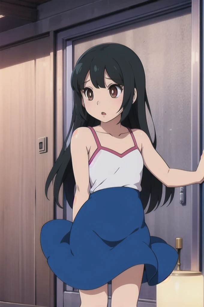 (masterpiece), (8k render quality), best quality), 1girl, Hestia Danmachi, long black hair, blue eyes, big bra, blushing face, shy, arm under breast, standing, barefoot, fullbody view, cowboy shot