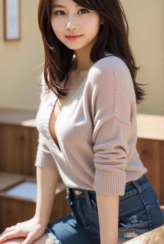 18-year-old, Japanese, Capture the light, upper_body, Grey sweater,short hair, ,Earrings, RAW Photos, highest quality, (Photorealistic), Suggestive,(smile:0.7)