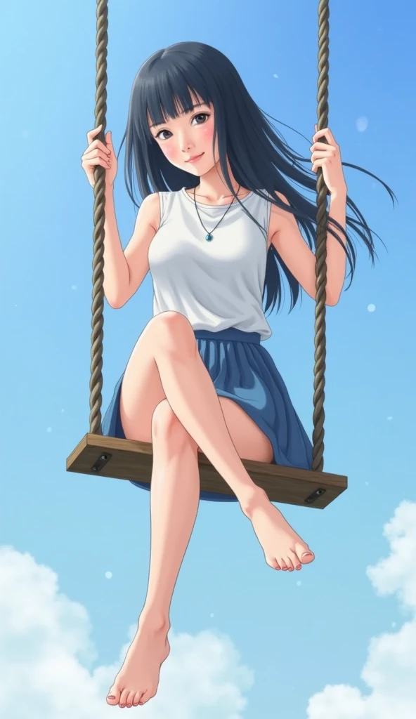 highest quality、High resolution、very detailed、masterpiece、RAW photo、photorealistic、very delicate and beautiful、delicate details、rough skin、(((white skin)))、1 girl、alone、japanese young girl、Sweat、small face、slim body、delicate body、thin arms、perfect hands、belly button、thin legs、perfect legs、((very young face))、perfect proportions、(I'm playing on the swing in the park)、on a swing、T-shirt、shorts、sandals、erect small nipples、happy smile、(Angle from below the butt)、(close-up of crotch)