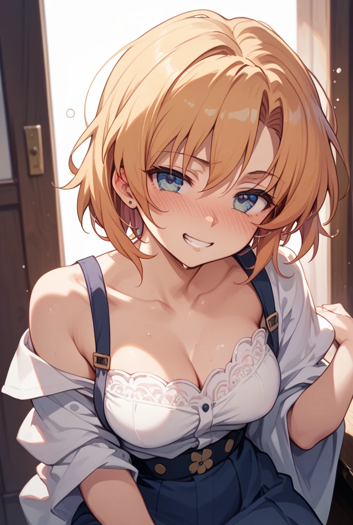 Mature Japanese Woman、short hair、ponytail、(((Light blonde:1.2)))、(((Gal)))、金髪Gal、Sunburned skin、(((big breasts:1.1)))、sexy、Red cheeks、(((nsfw)))、big breastsが見える、(((Masturbation)))、、Sweaty、、Love Hotel、40 years old、Mature Woman、Married Woman、wedding ring、Cleavage、Surprised face、Image of upper body only、He is surprised and holds his hands up