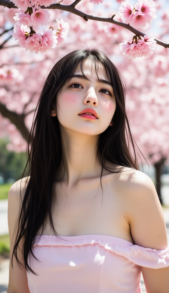 (nsfw:1.5)、(logo、masterpiece、8k、Tabletop、RAW Photos、wonderful、最high quality、Photorealistic and Very detailed CG integrated 8k wallpaper、high quality、Very detailed、Narrative poem、Particle Effects、Dynamic Effects、Written boundary depth、Cinematic Light、Lens flare、Ray Tracing)、Fantasy、 (One beautiful woman、dress、dress、Cherry blossom pattern、Black-haired、Beautiful Face、True Face、Beautiful details、eye、Beautiful Skin)、私の髪はWindに舞う、Hair flutters in Wind、Hair bounces、Pink cherry blossom tree、Petals fluttering、SakuraFubuki、wonderful scenery、sunrise、Sun in the background、Wind