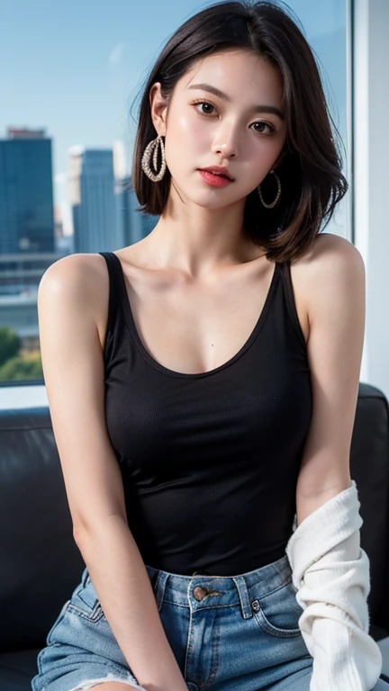 Masterpiece: 1.25, Best quality, High resolution:1.35, RAW photo:1.2, Photorealistic:1.37, Hyper-realistic, 16K, ((1girl)), Cute face, Long eyelashes, detailed eyelashes, eye shadows, glowing eyes, realistic eyes, Natural makeup, Clear facial features, Curvy build, Skinny, Slender body, Fine detailed beautiful eyes: 1.2, Happy Expression, Ulzzang, Erotic thighs, Lustrous skin, Cowboy shot, (Grey tight dress), Show armpits, Small perky breast, Photon maping, Cinematic lighting, symmetry, Elegance, Sitting at the cafe