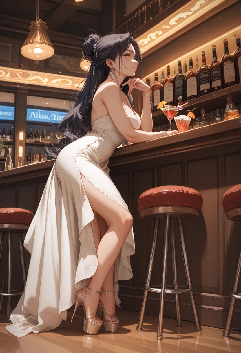 score_9, score_8_up, score_7_up, source_anime, 1girl, solo, looking at viewer, yyghm, short hair, single hair bun, evening gown, dress, jewelry, strapless, strapless dress, earrings, hair ornament, armlet, sideboob, indoors, bar \(place\), alcohol, leaning forward, from behind, looking back, full body, arched back, long dress, side slit, see-through dress, backless outfit, backless dress, elbow gloves, bracelet, thighhighs, high heels, counter, smile, parted lips