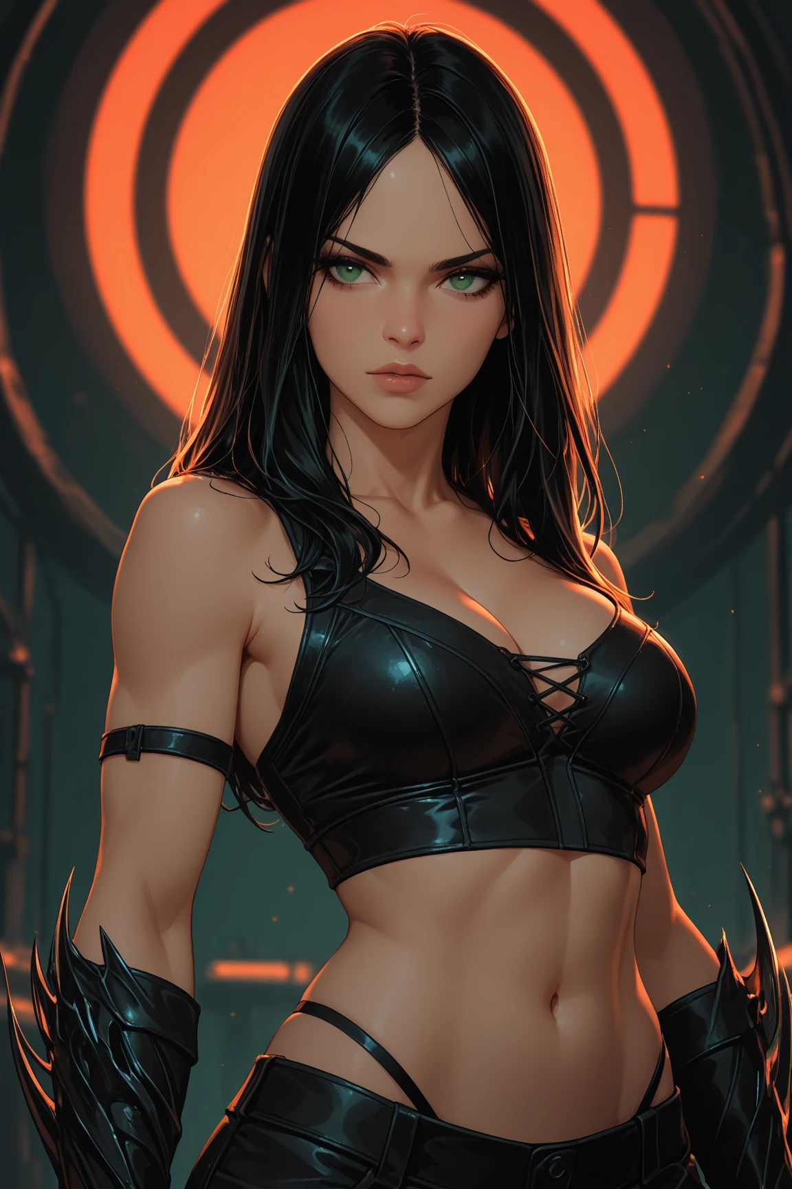 one girl, solo, abs, slender body, (upper body, bust:1.2), black eyes, black hair, red clothes, bare shoulders, masterpiece, highly detailed, look at viewer, shiny blured orange background, gradient sprayed background, front view, gradient red purple background, blured background, glowing edges of image, (paint splashes:1.3), abstract, psychodelic, (deep cleavage:1.3), (torn clothes, transparent clothes:1.3)