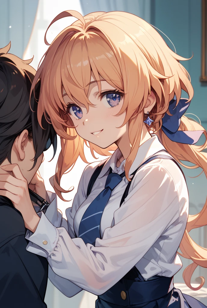 アニメの女性, Priestess (女神官), choke hold, Executing an arm lock, femdom, assertive female, From below, looking down, BREAK 1guy ( 胸で完全に覆われた顔 , 顔のない男)