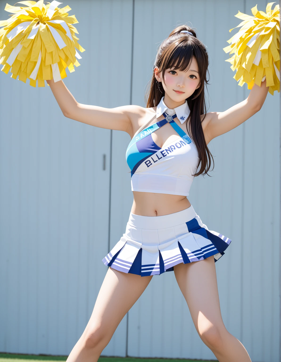highest quality、8k、No makeup、masterpiece、Ultra-high resolution、Clear photos、Realistic、Professional Lighting、Very cute girl、The cutest Erina Mano:1.8、Cheerleader:1.8、smile、Large erect nipples:1.2、Ultra slim、Tight waist、Slender body、Thin legs、Brown Hair、smile、Field、Under the blazing sun、タイトなCheerleaderのユニホームを着て:1.8、Lightweight uniform:1.8、The skin is transparent:1.8、mini skirt:1.8、Jump towards the camera:1.8、Jump High:1.8、Skirt flips up:1.8、She gets excited and shows off her white panties:1.8、Full body photo:1.4
