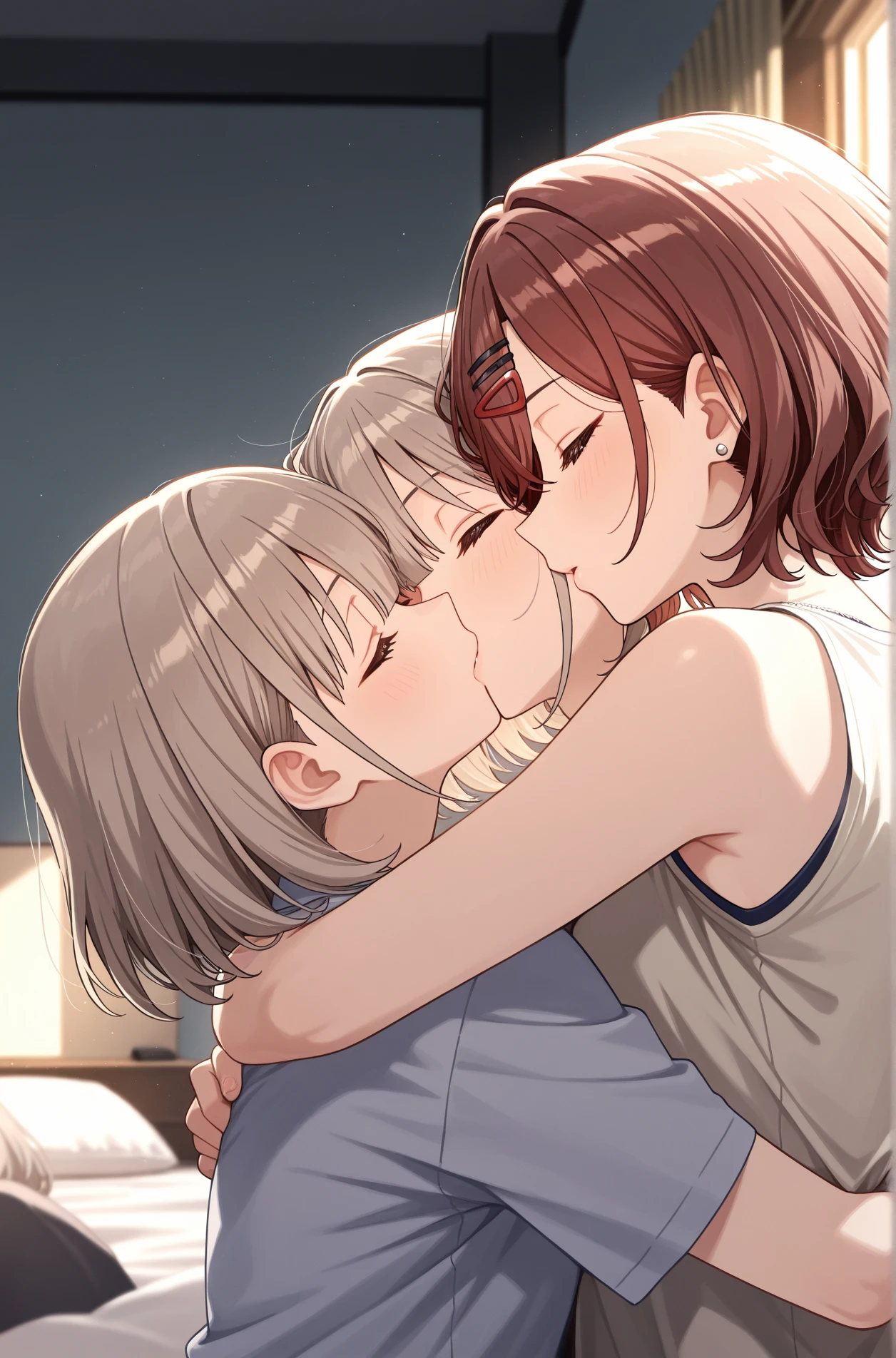 (masterpiece, lesbian anime 2girls:1.2), (very aesthetic:1.2), (absurdres:1.2), (detailed background),newest,ai-generated, (cowboy shot, 8K, art by best quality 2D yuri moe anime1.4), (10yo kawaii little daughter and 28yo noble mother, looking at each other, hugging on the bed, anime style kawaii natural faces:1.5) (yuri:1.3), (see-through pretty white casual dress, bare body visible through dress:1.3), white glowing skin, (half closed eyes with eyelashes, double eyelid, ecstasy with blush, kissy mouth:1.2), (light colored medium hair:1.3), cute slender bodies, medium breasts, high beams, cozy room interior, room lighting, centered composition