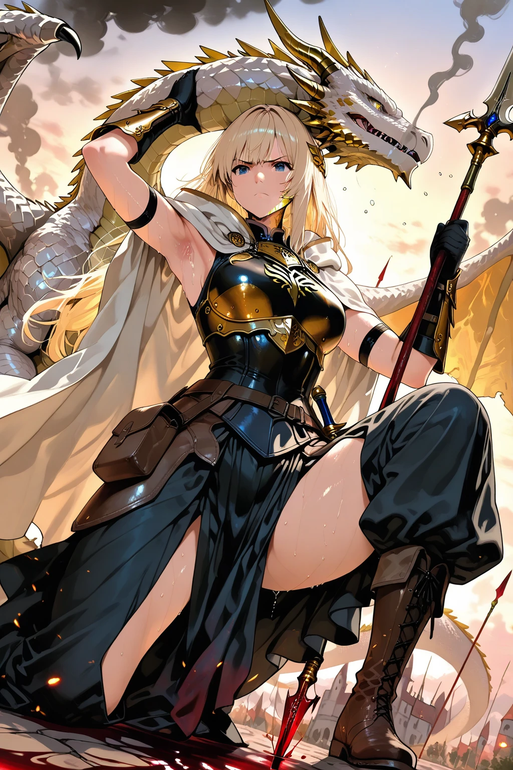 4K,High resolution,One Woman,Harpy,bionde,long hair,Blue eyes,Big Breasts,White Wings,Golden toenails,Samurai,白色のSamuraiの鎧,Full Armor,hair band,Jewelry decoration,Medieval village