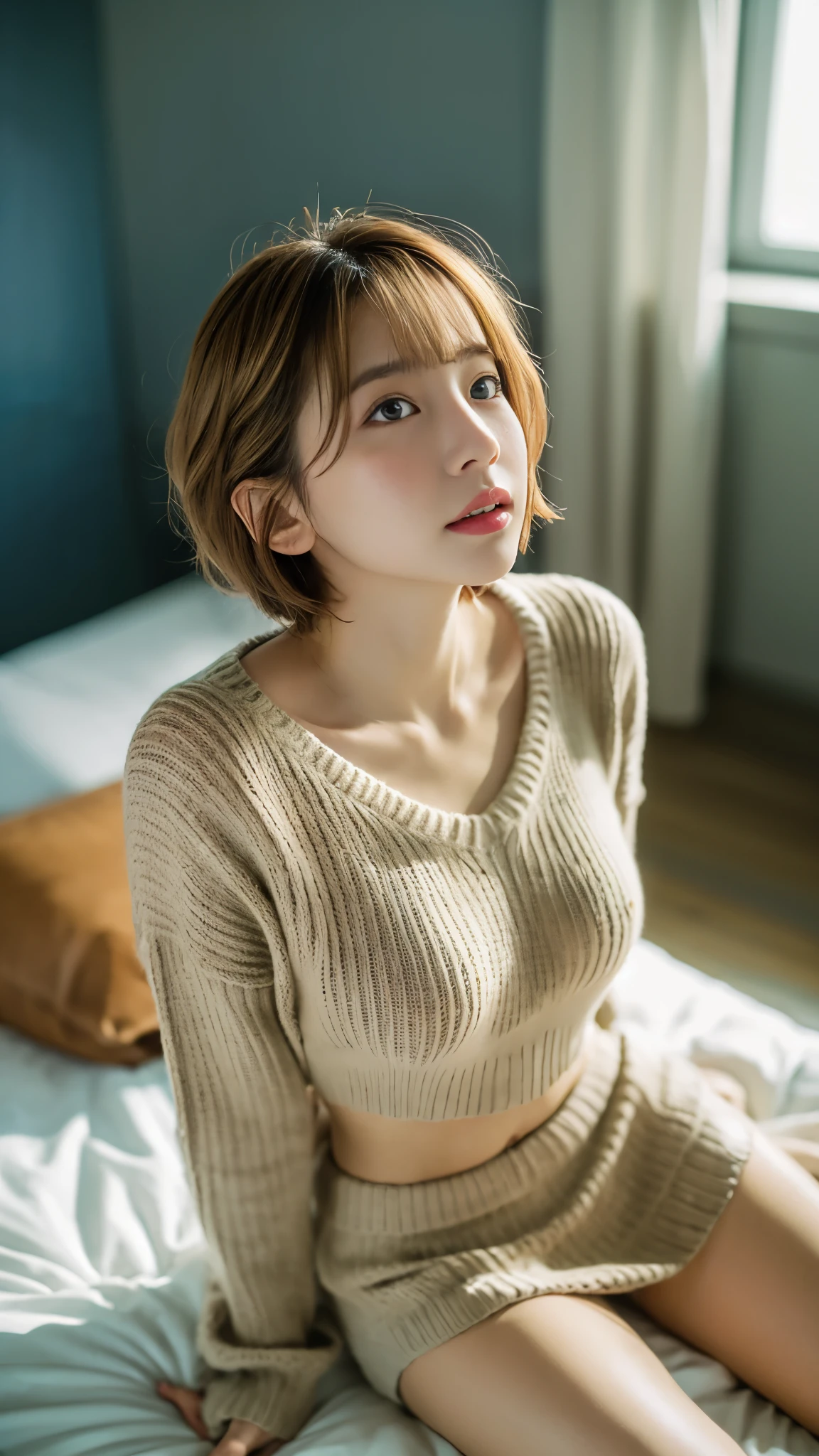 masterpiece, best quality, illustration, Super detailed, fine details, High resolution, 8K,wall paper, perfect dynamic composition,(Details High quality, realistic depiction of eyes:1.3), (Fashionable、Beige oversized sweatshirt、long-sleeve), large breasts,short bob hair, black hair color, Big Natural Color Lip, bold sexy pose, crying a little、Harajuku style、20 year old girl、cute type、lolita、beautiful legs, hotel room, hposing Gravure Idol, (woman on top, straddling, sitting)