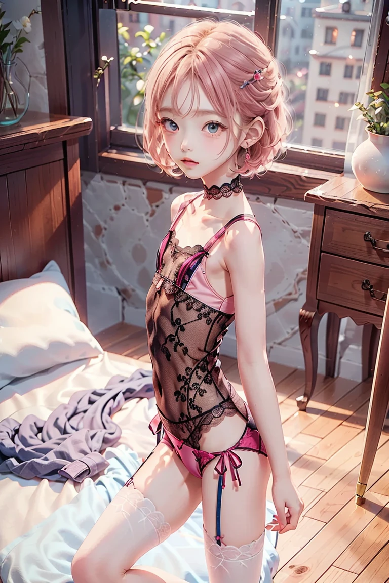 a woman wearing a delicate, pink lace babydoll with ribbon details, standing in front of a large mirror, cinematic composition